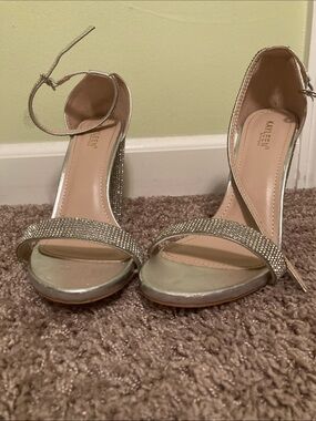 KAYLEEN By Los Angeles Silver Crystal-Embellished Block Heel Sandals